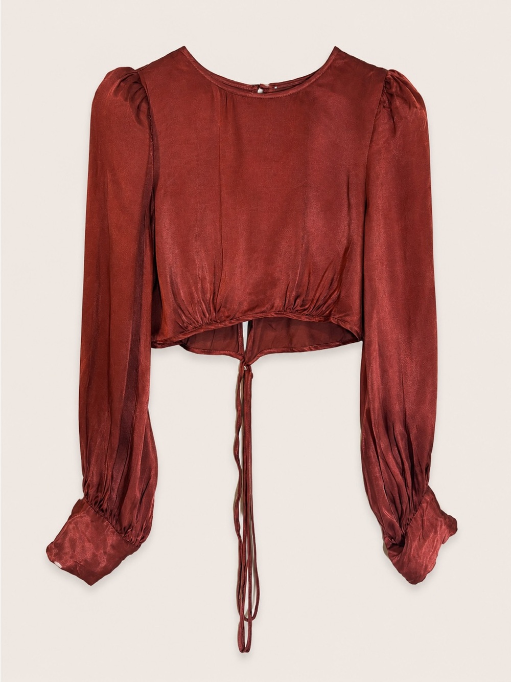 Rust Satin Cropped Tie Blouse – 100% Viscose